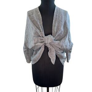 Kim Bernardin PARIS Lagenlook Gray Linen 3/4 Sleeve Tie Front Top Shrug M Medium